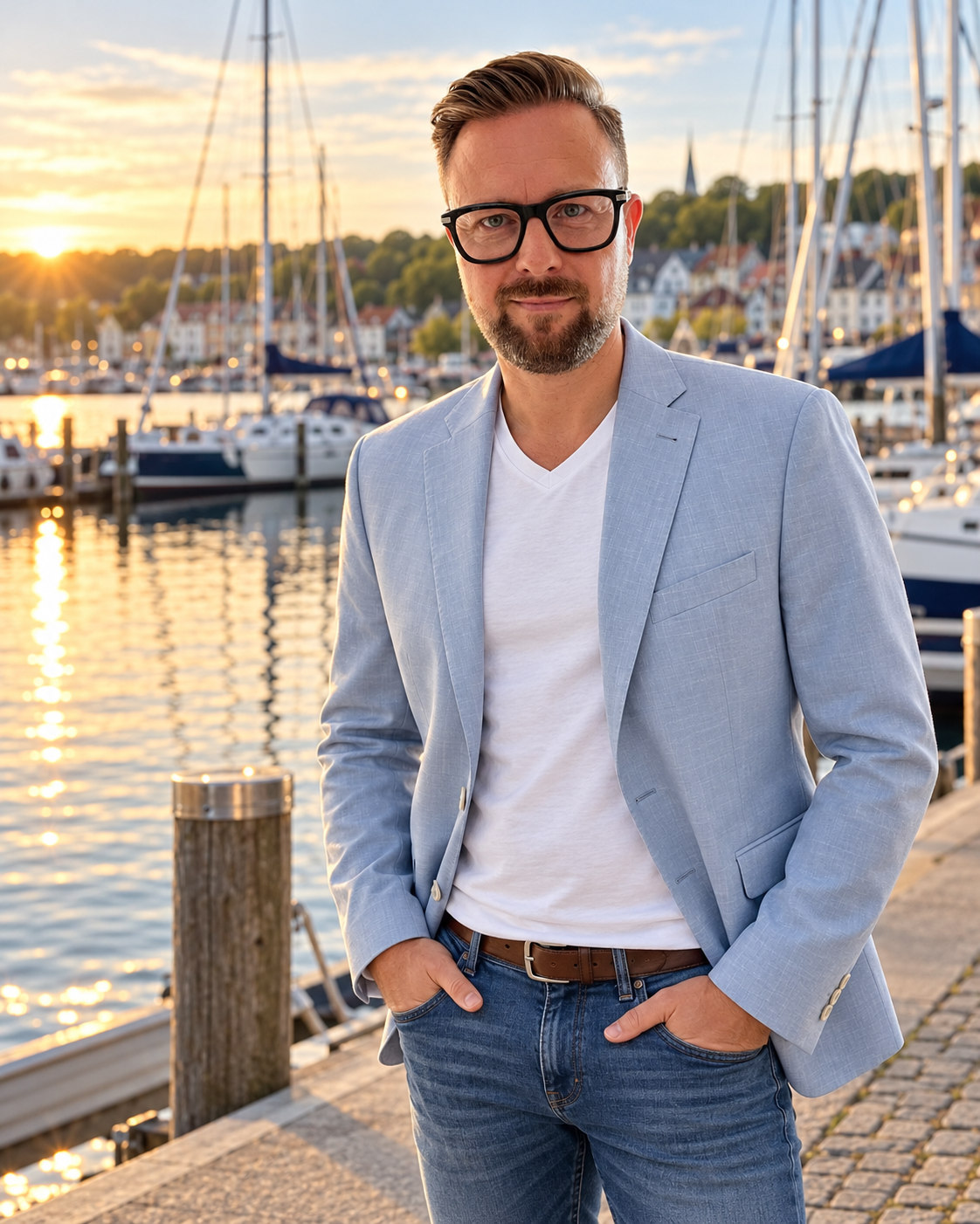 Steffen Günther im hellblauen Sakko am Hafen bei Abendlicht
